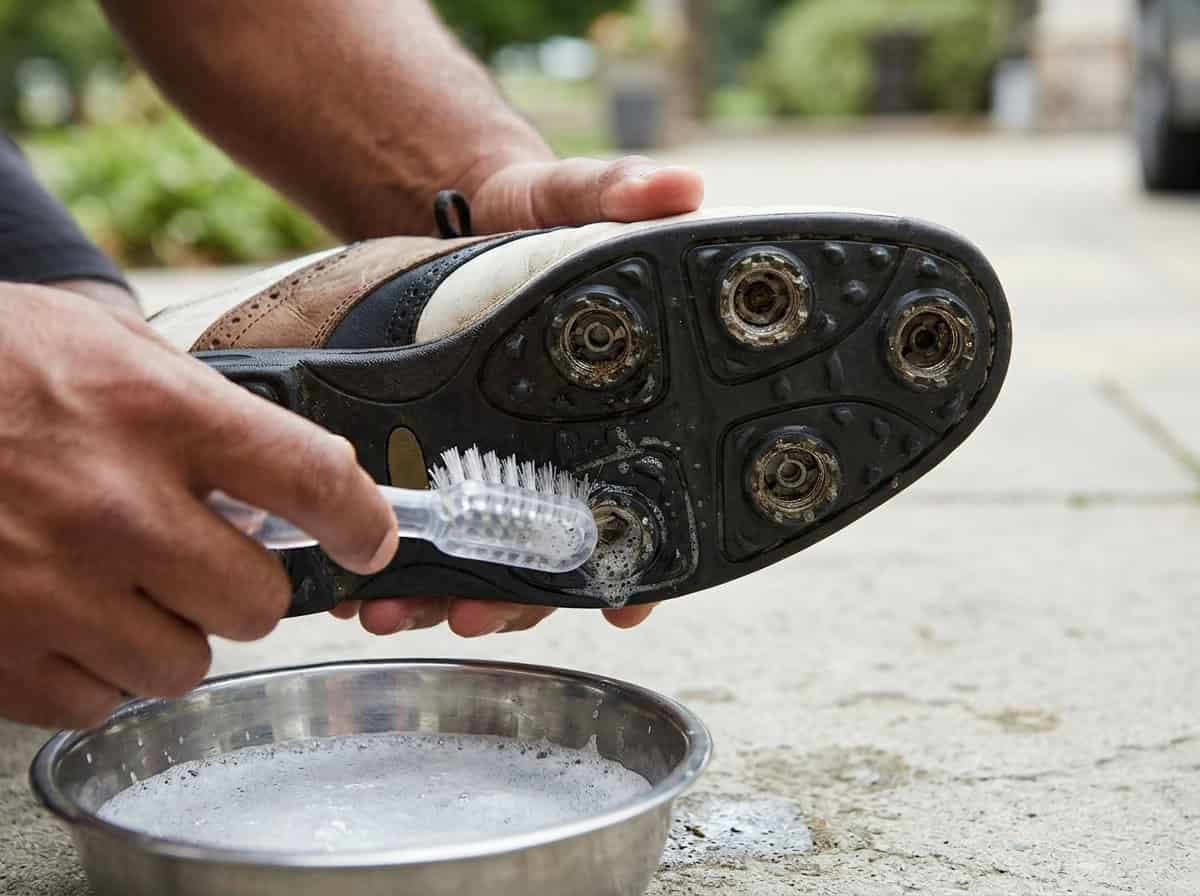Cleaning golf shoe spike receptacles with a brush and soapy water