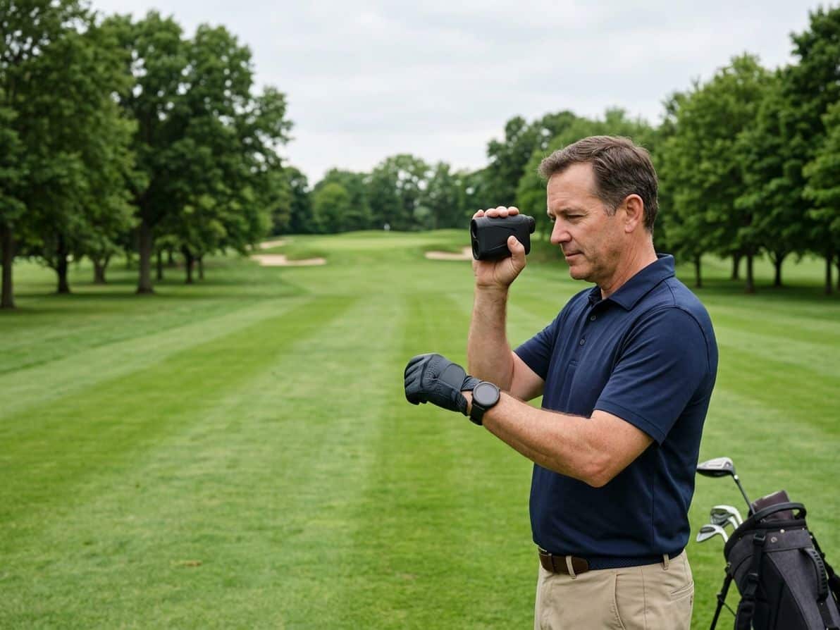 Golfer evaluating distance technology options on the fairway