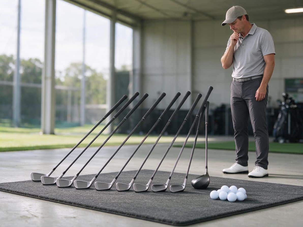Golf clubs laid out on a practice mat showing a balanced beginner setup