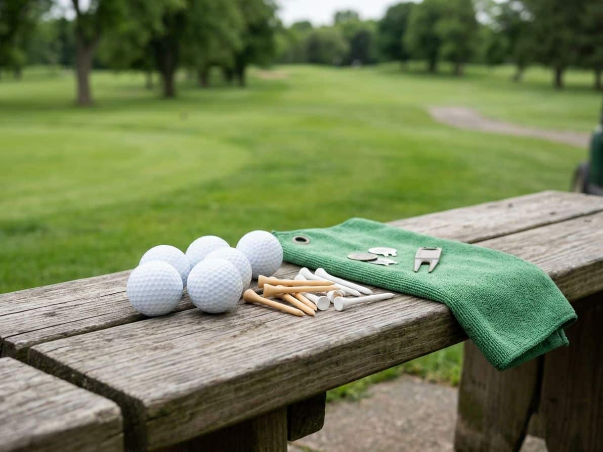 Basic golf accessories laid out for a first-round checklist