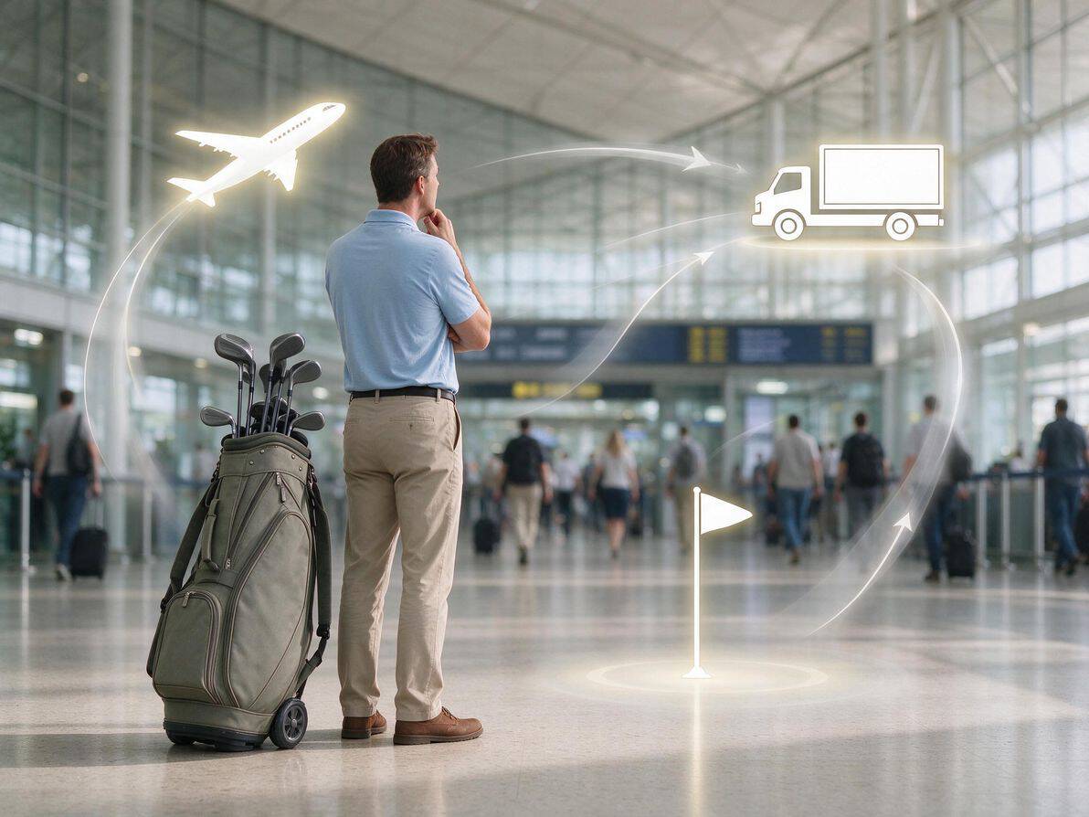 Traveler choosing between three travel options for golf gear